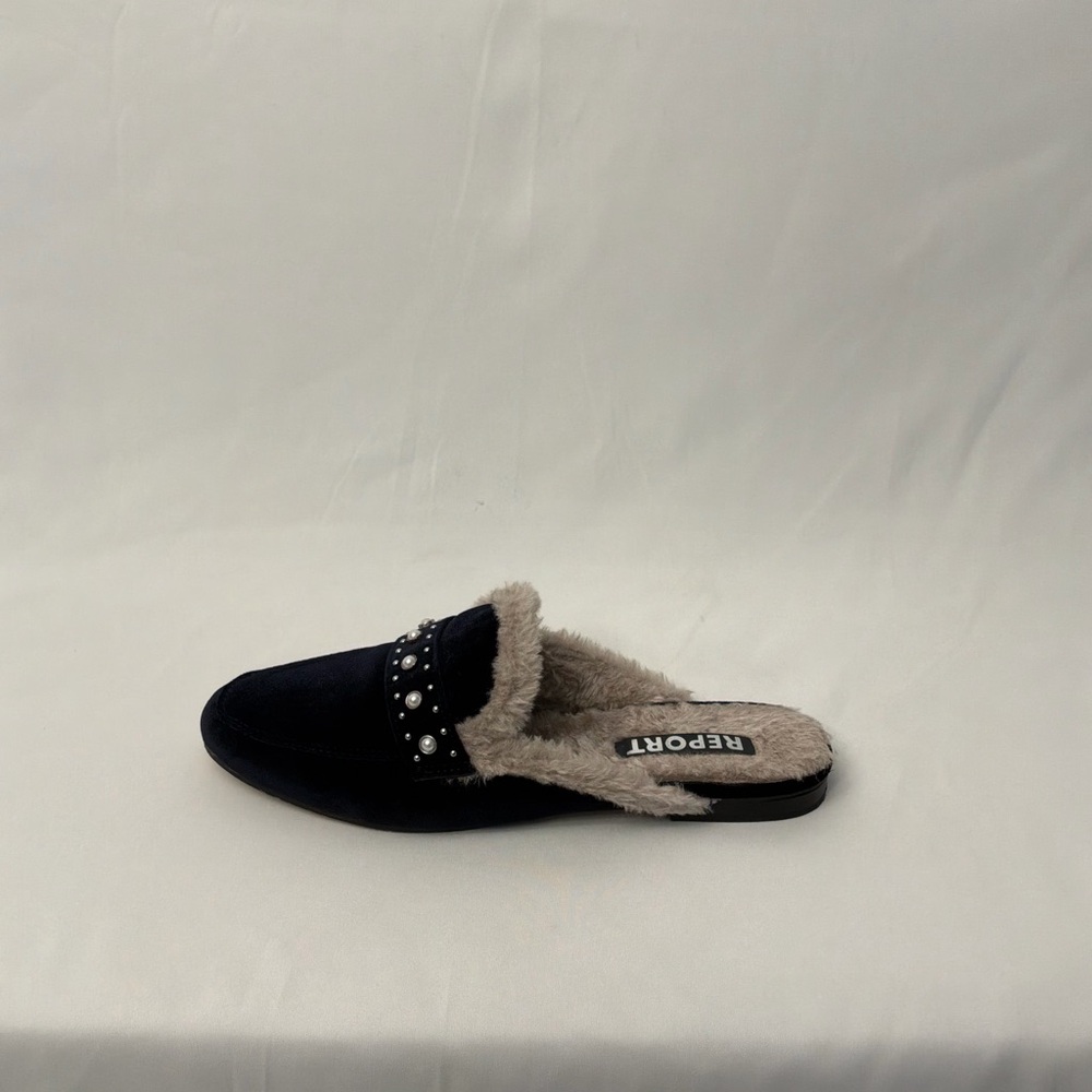 Report Dark Navy Blue and Cream Fur Women's Slippers